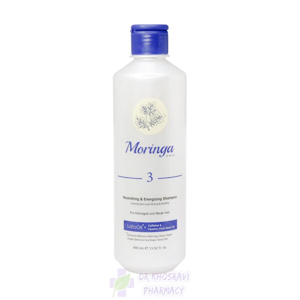 شامپو مغذی و انرژی بخش 3 مورینگا امو مناسب موهای آسیب دیده و ضعیف